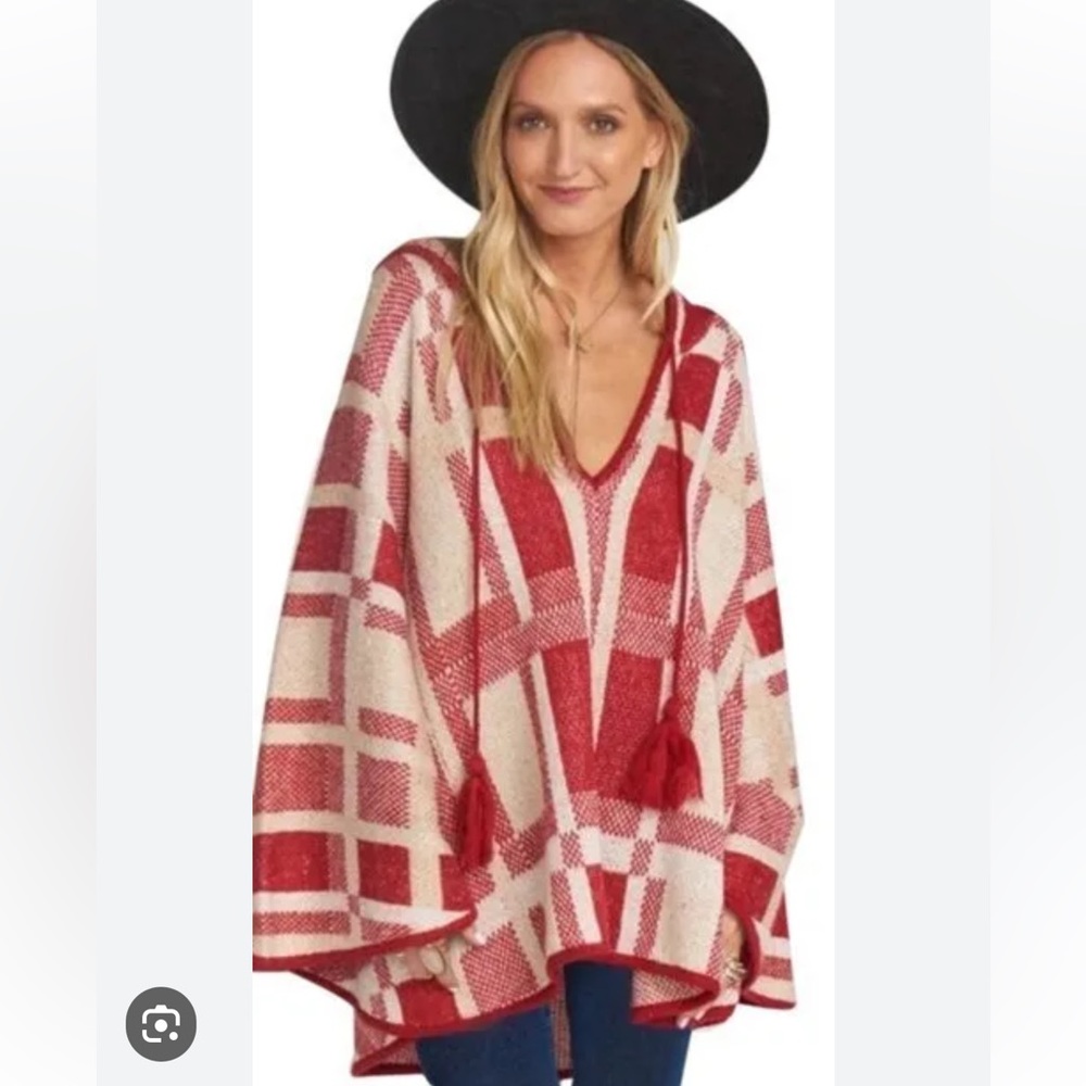 Show Me Your Mumu Red Kellan Poncho Hooded Tassel Oversized Bohemian